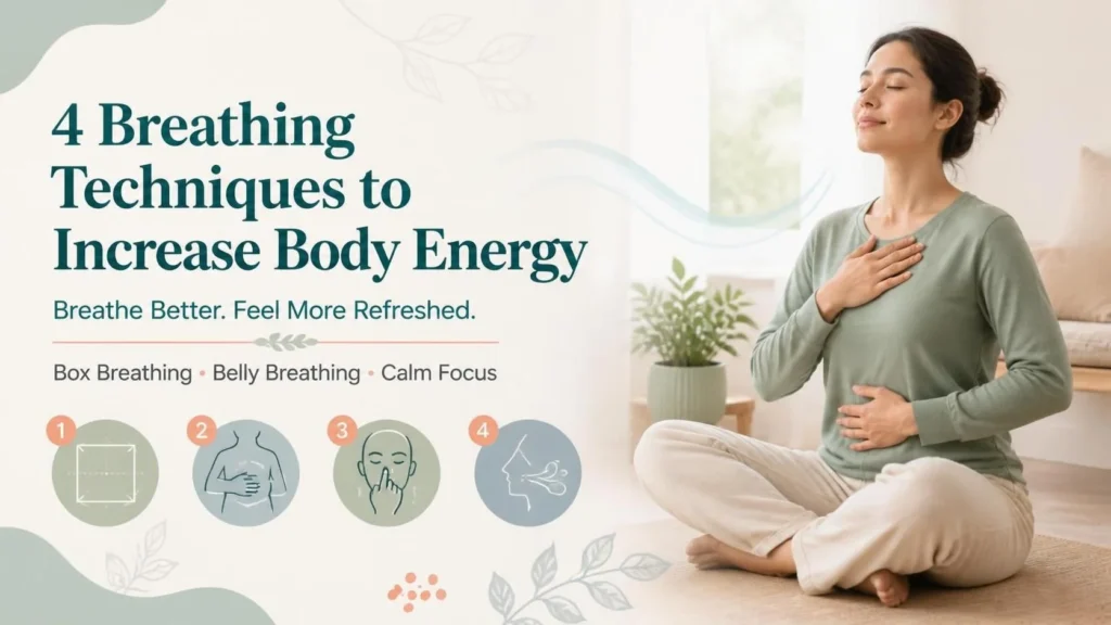 Woman practicing breathing techniques for relaxation and energy