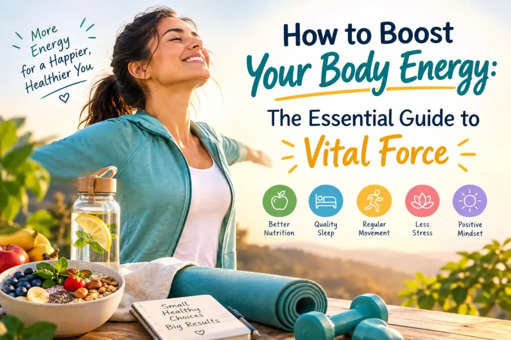 A 2026 health and vitality guide visual showing natural ways to boost body energy and increase vital force.