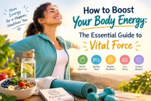 A 2026 health and vitality guide visual showing natural ways to boost body energy and increase vital force.