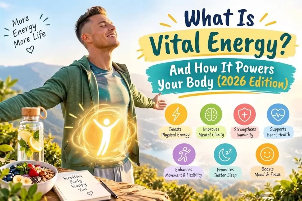 A detailed visual illustration explaining what vital energy is and how it powers the human body with daily habits in 2026.