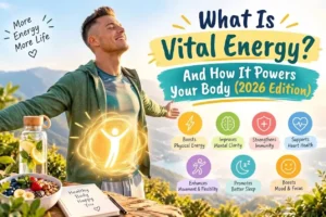 A detailed visual illustration explaining what vital energy is and how it powers the human body with daily habits in 2026.