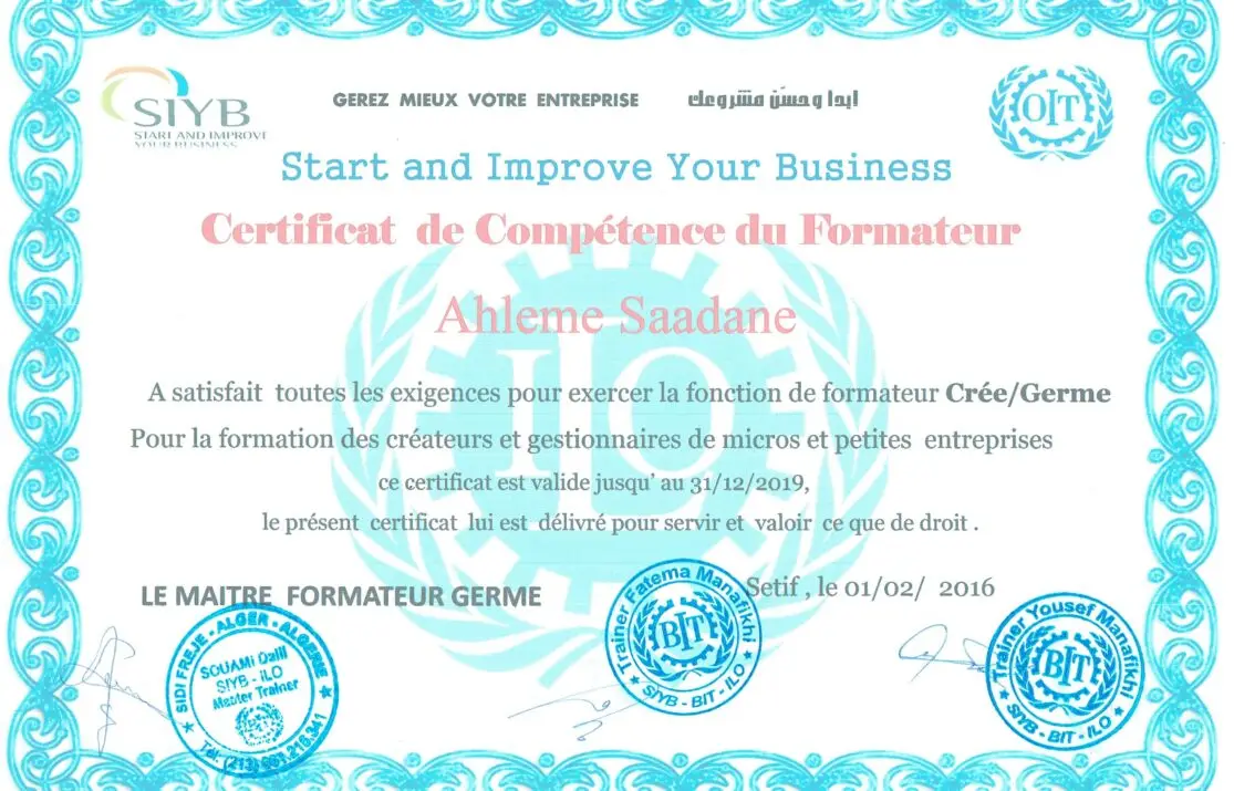 International Labour Organization (ILO) Trainer Certification for Ahlem Saadane, specializing in Start and Improve Your Business (SIYB) training.