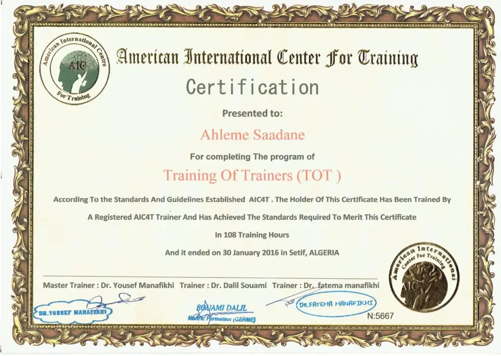 Training of Trainers (TOT) Professional Certification awarded to Ahlem Saadane by the American International Center for Training.