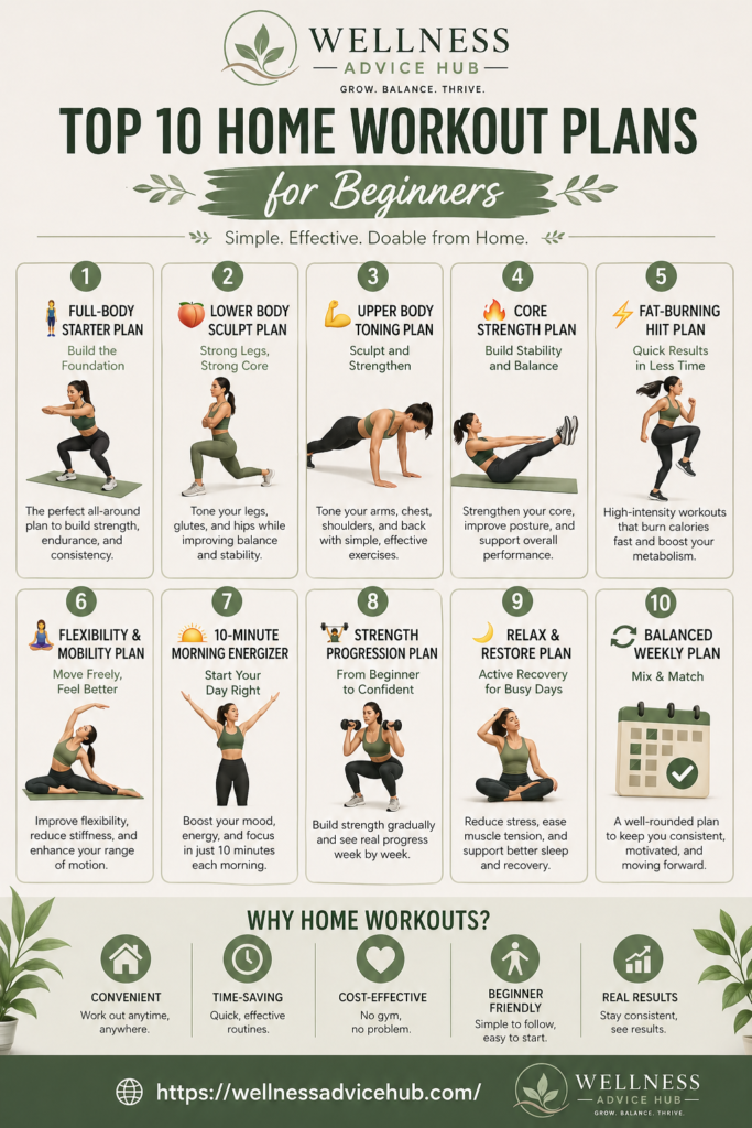 An infographic showing the top 10 home workout plans for beginners by Wellness Advice Hub, including full-body, fat-burning HIIT, and strength routines.