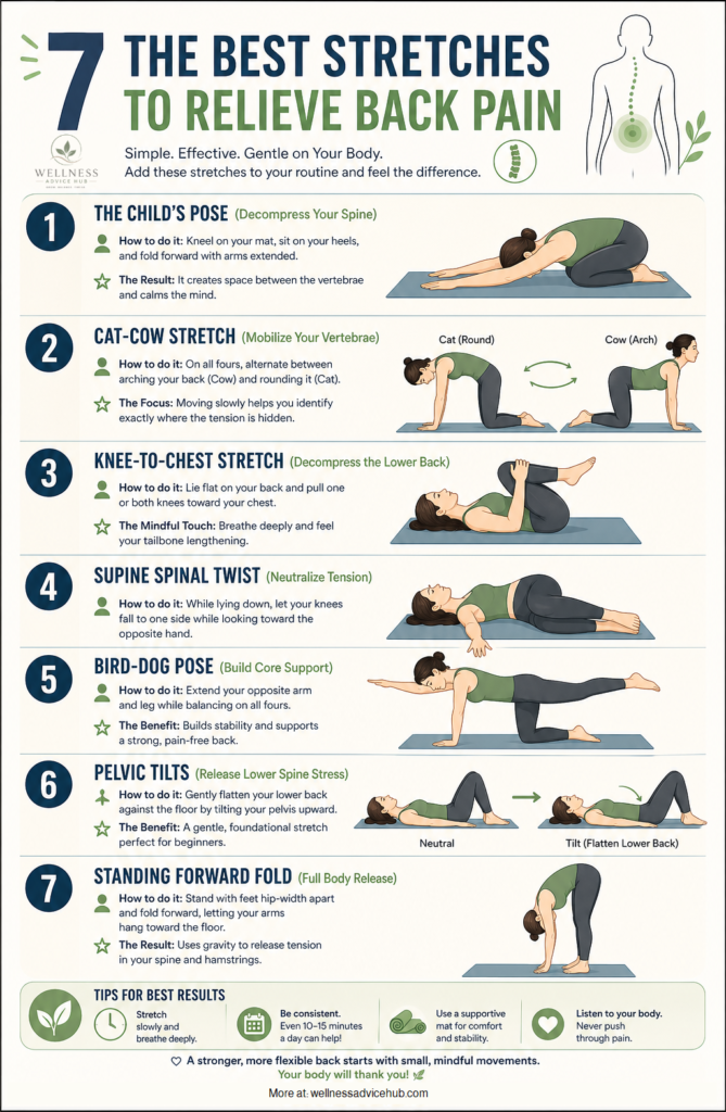 Infographic showing 7 effective stretches to relieve back pain fast, including Child's Pose, Cat-Cow, and Pelvic Tilts, by Wellness Advice Hub.