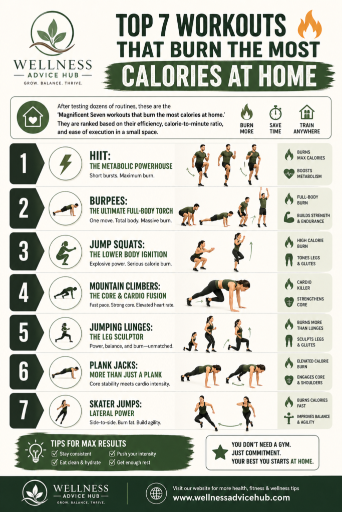 Infographic showing the top 7 workouts that burn the most calories at home, including HIIT, Burpees, and Jump Squats by Wellness Advice Hub.
