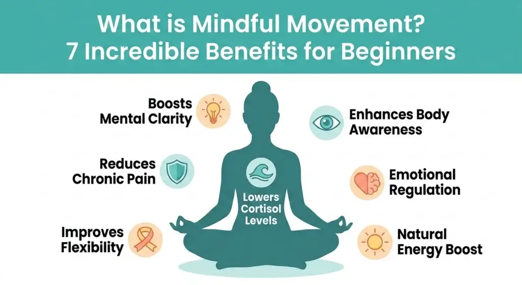 An infographic showing the 7 incredible benefits of Mindful Movement for beginners, including mental clarity and stress reduction.