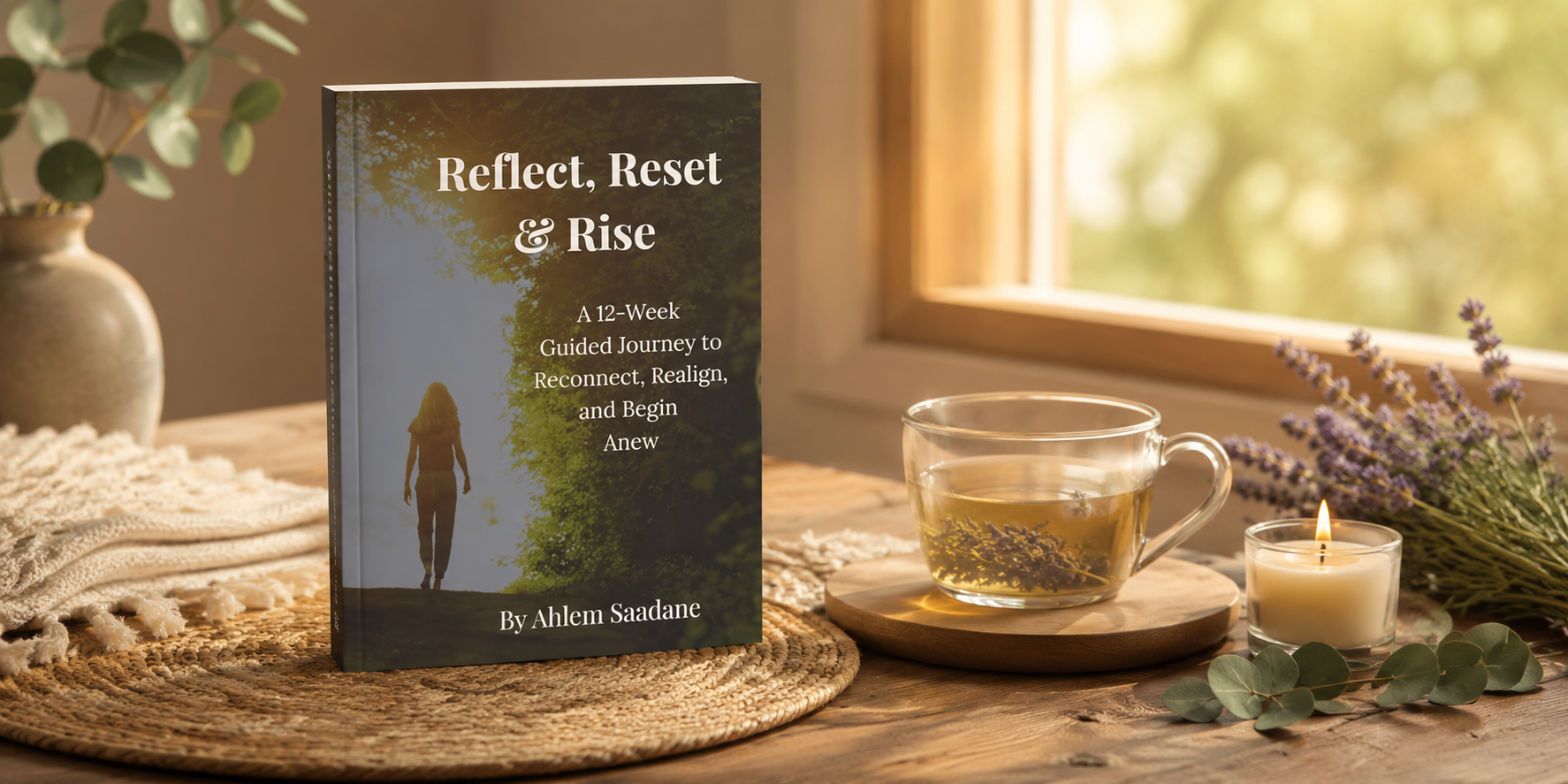 Reflect Reset and Rise book mockup by Ahlem Saadane on a calm wellness desk with tea and candle