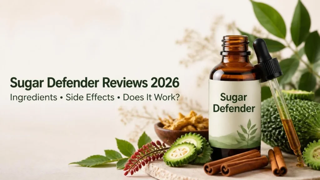 Sugar Defender Reviews 2026 showing the liquid blood sugar supplement bottle