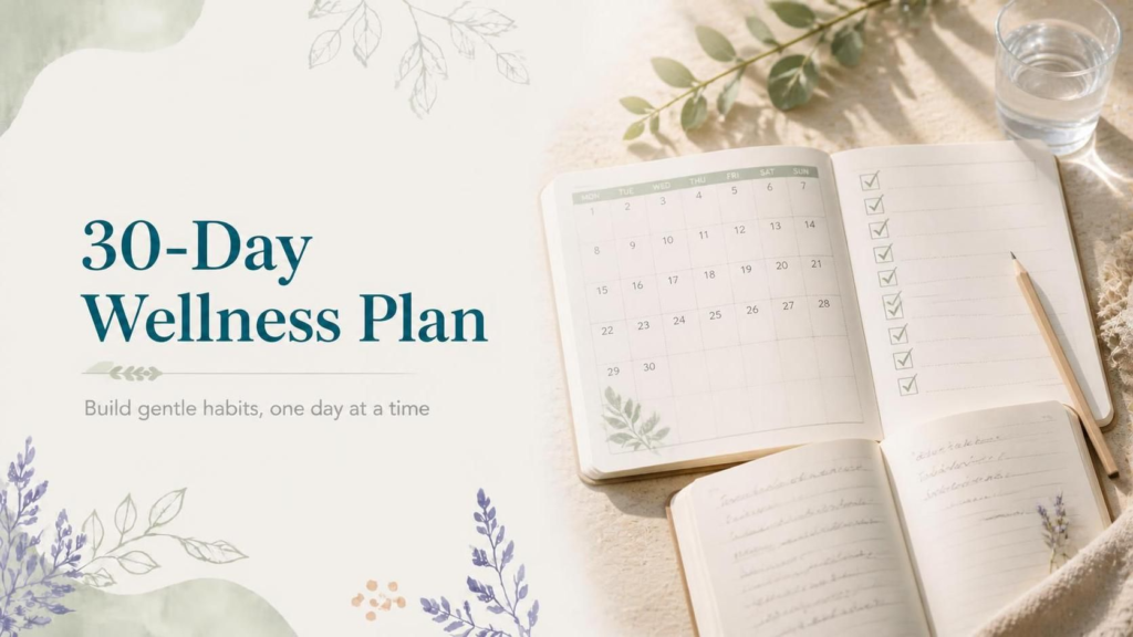 30-day wellness plan with a planner, habit checklist, and notebook