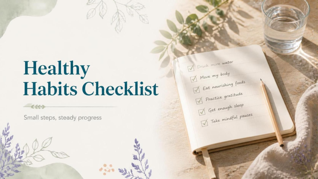 healthy habits checklist beside a notebook and a glass of water