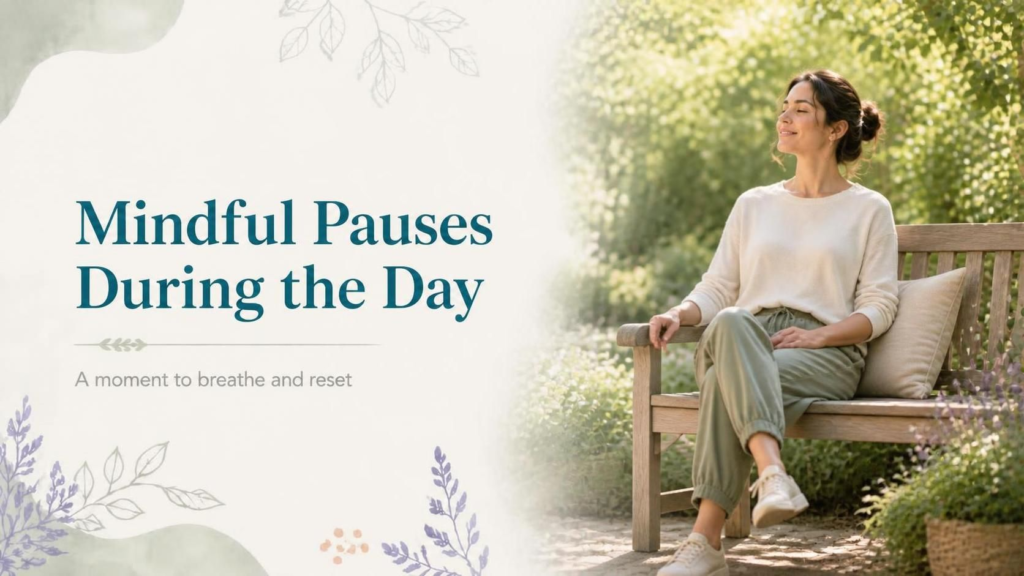 - mindful pauses during the day with a person sitting quietly in a peaceful setting